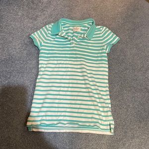 American Eagle short sleeved striped medium collar shirt teal and white